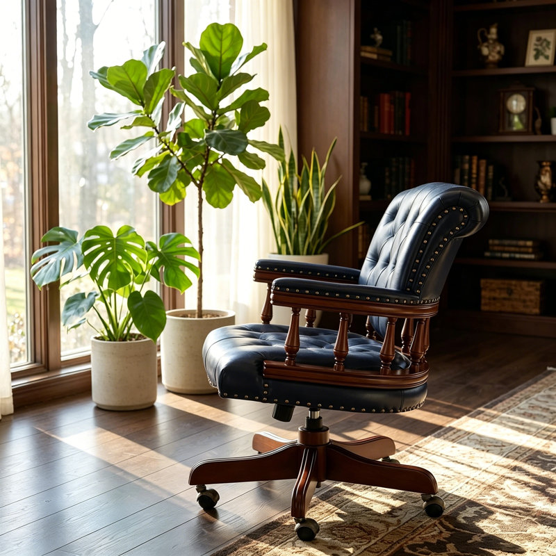 Fauteuil de direction en cuir de style rétro, fauteuil de bureau ergonomique avec base en bois massif, fauteuil d'ordinateur avec support lombaire rembourré