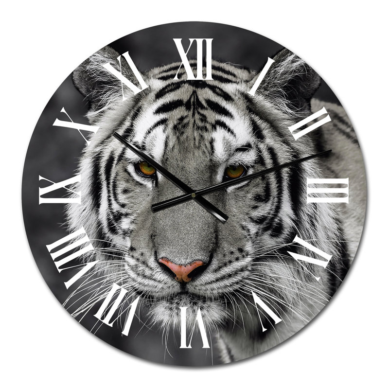 Portrait monochrome d'un tigre blanc III - Horloge murale traditionnelle, Petit