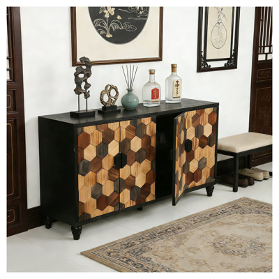 Armoire de rangement en nid d'abeille délavé - Buffet d'appoint moderne avec portes en mosaïque en bois massif pour le hall d'entrée et le salon