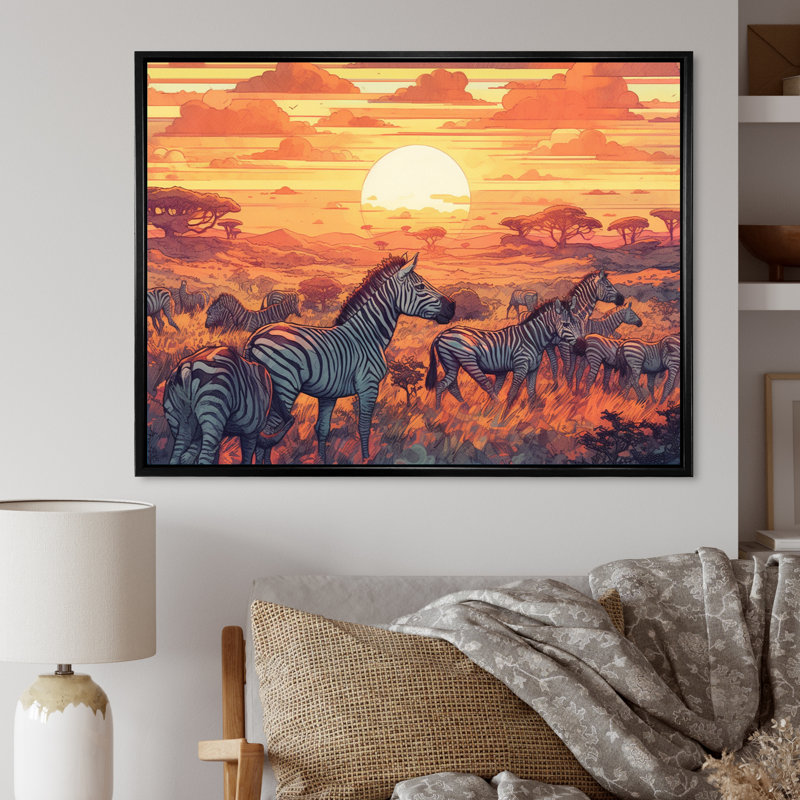 Safari africain orange avec zèbres sur toile, H 12 po x l 20 po x P 1 po, Cadre flottant noir