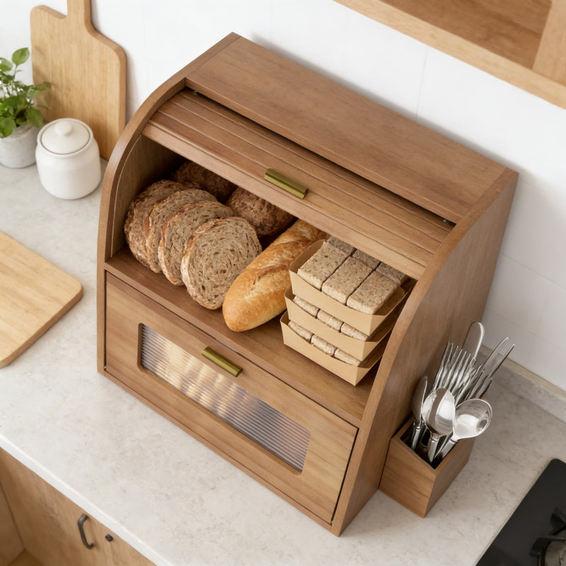 Boîte à pain en bois rétro avec fenêtre à roulettes et rangement latéral, organisateur de comptoir de cuisine de grande capacité pour le pain, les pâtisseries et les fournitures de cuisine