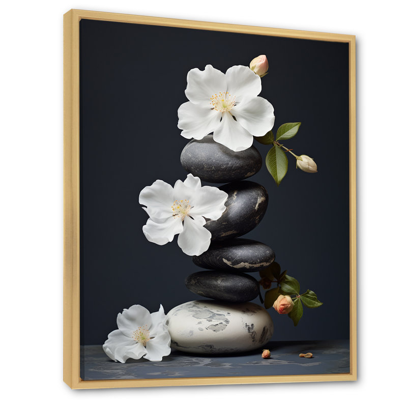 Décoration murale zen sérénité fleurs blanches pierre noire Cairn I - Pierre spirituelle, H 40 po x l 30 po x P 1,5 po