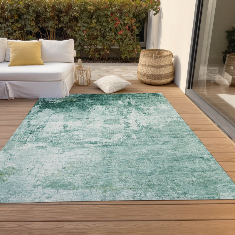 Tapis turquoise Xhevrie intérieur / extérieur lavable à la machine, Rectangle 9 pi x 12 pi