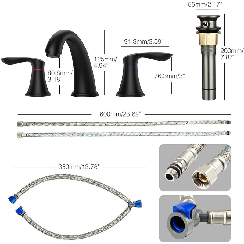 2-Set 8 in Faucets for Sink 3 Holes, Widespread Faucet with Pop Up Drain and cUPC Lead-Free Hose, Matte Black