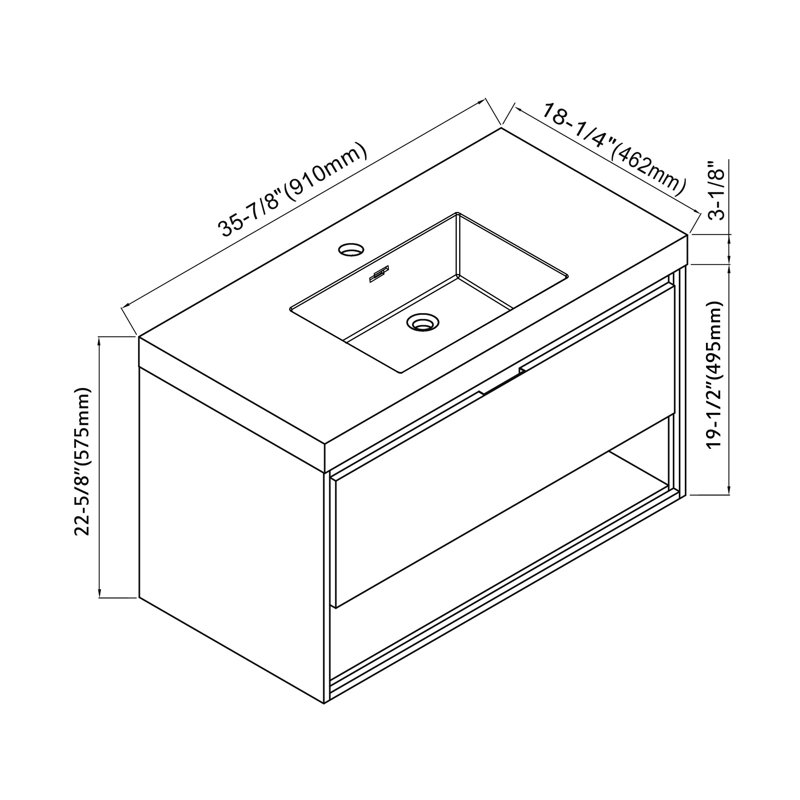 Ensemble de meuble-lavabo de salle de bain simple fixé au mur 36 po Pierceton, Brun clair