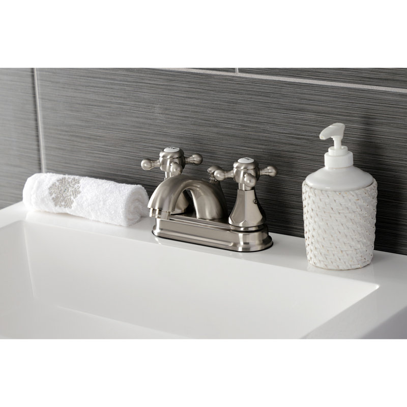 Kingston Brass Metropolitan Two-Handle 3-Hole Deck Mount 4" Centerset Bathroom Faucet with Plastic Pop-Up, Brushed Nickel