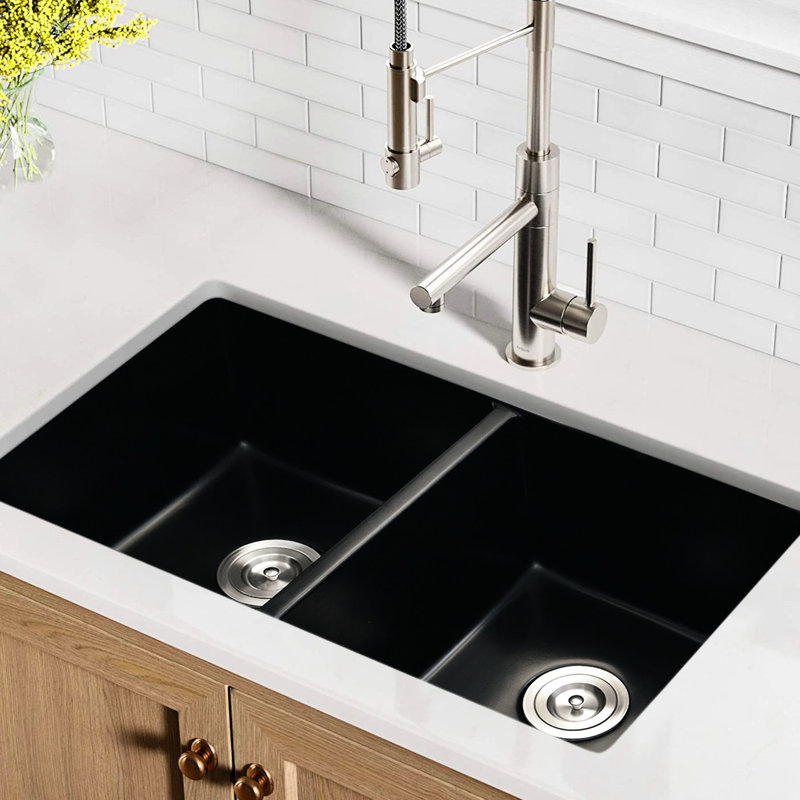 Black Quartz 32" X 18" Double Bowl Undermount Kitchen Sink - Heat , Stain Scratch Rust Basket Strainer For Instant Liquid Drainage L X W Heatproof, Rapid And Streamlined