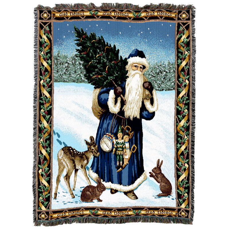 Pure Country Weavers Father Christmas Blanket Blue - Santa Claus Saint Nicholas Nick Kris Kringle Deer Rabbit - Gift Tapestry Throw Woven from Cotton - Made in the USA (72x54)