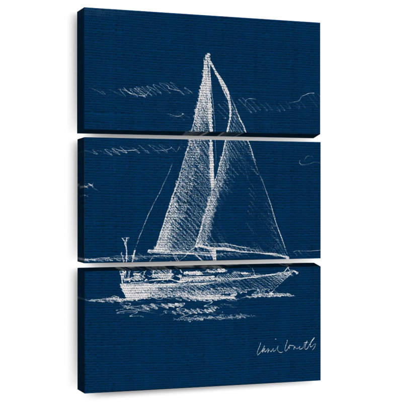 Voilier sur toile de jute bleue I, H 38 po x l 24 po
