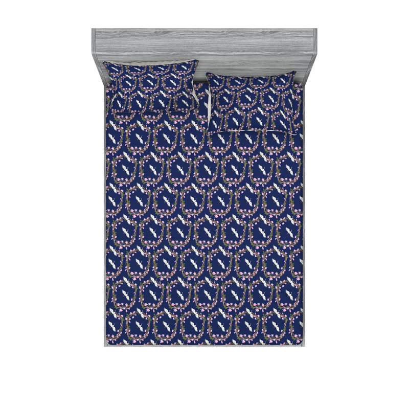 Ambesonne Fitted Sheet & Shams, Night Blue/Pale Pink Floral, King Sheet Set with 2 Pillowcases