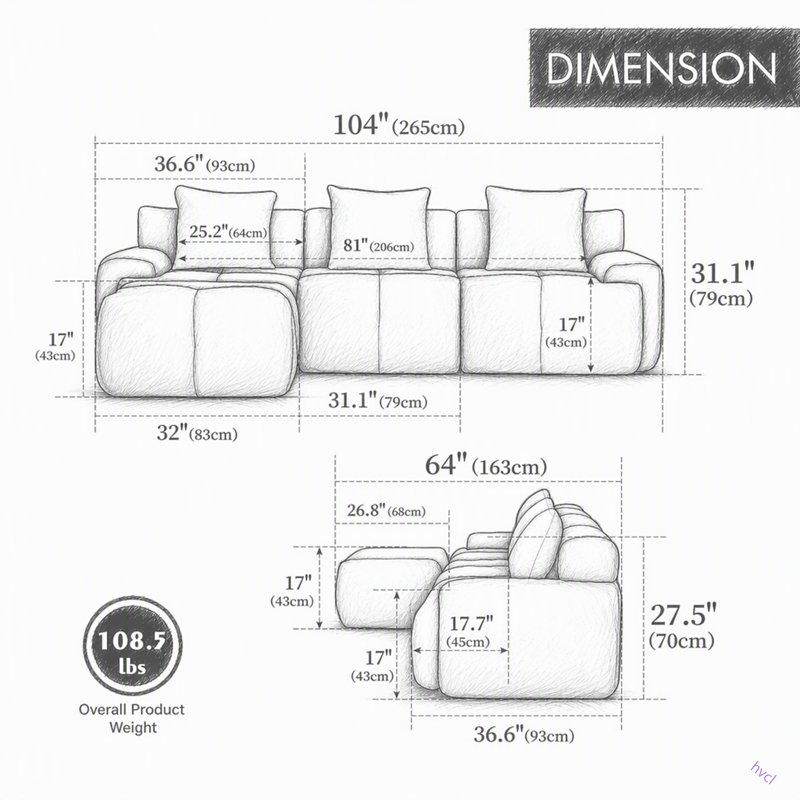 Ensemble de canapé modulaire rembourré en L de 104,3 po 4 pièces, surdimensionné à 3 places avec canapé-lit sans dossier capitonné et désossé avec siège profond et repose-pieds mobile 3 coussins pour le salon