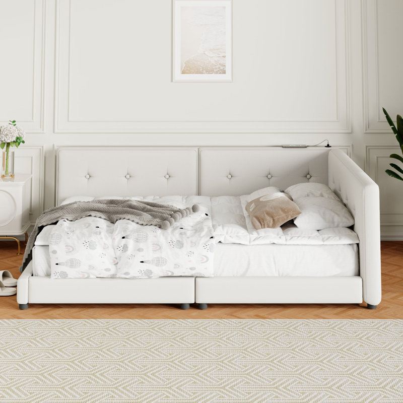 Lit plateforme tapissier grand avec ports USB, beige