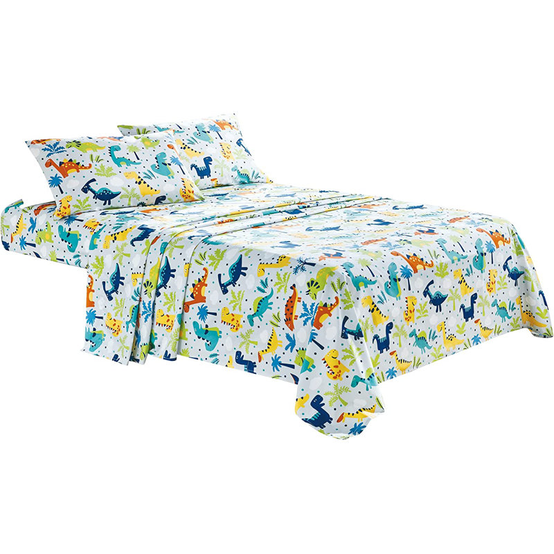 Fun Kids Teens Microfiber Sheet Set, Full Sheet Set with 2 Pillowcases, Blue/Green/White Dinosaurs