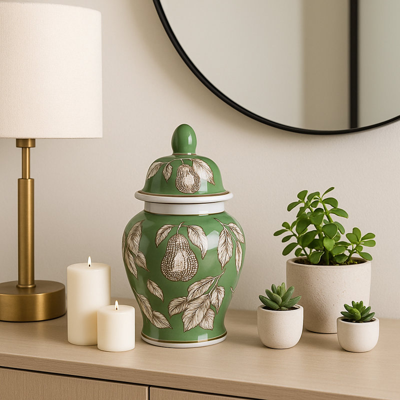 Decorative Pear And Twigs Temple Jar With Lid - Modern Ceramic Tall Table Jar With Chinoiserie Design - Elegant Vase For Home Decor - 10", Green & Brown