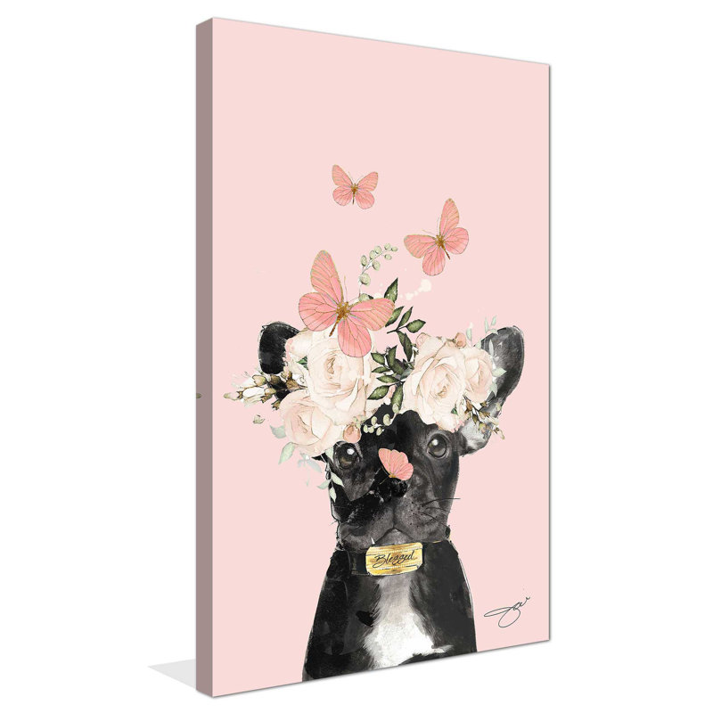 «Flower Frenchie (Vertical)» par By Jodi - impression, Toile tendue, H 40 po x l 24 po x P 1,5 po