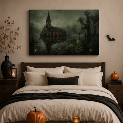Église gothique dans un marais brumeux avec toile murale rougeoyante pour l'Halloween