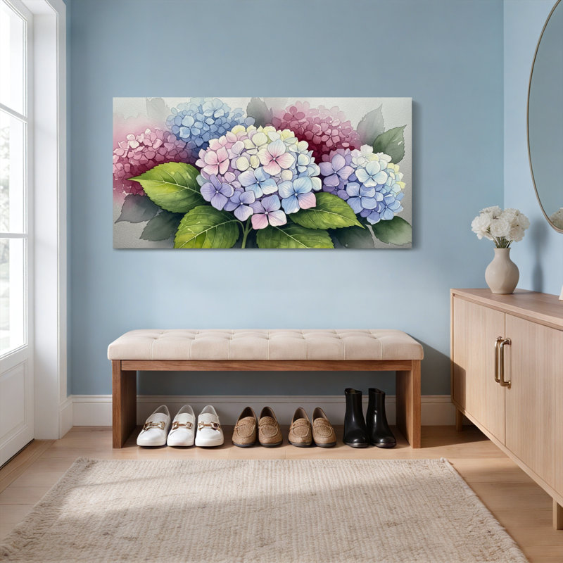 Hydrangea, aquarelle florale, reproduction d'art sur toile tendue sur toile, ensemble de 1, H 28 po x l 58 po