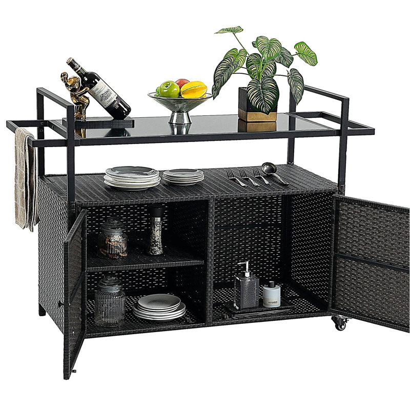 Rolling Rattan Beverage Bar Counter Table W/Glass Top For Porch Backyard Garden Poolside Party, Black