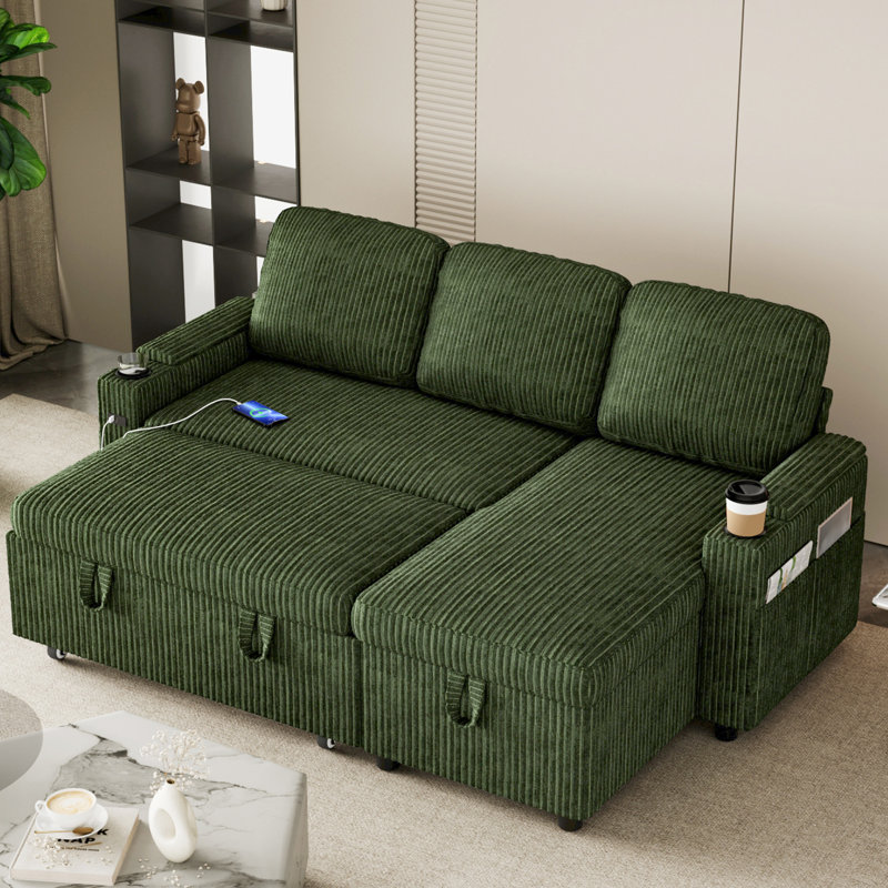 3 Seater Sofa & Chaise, Green Corduroy