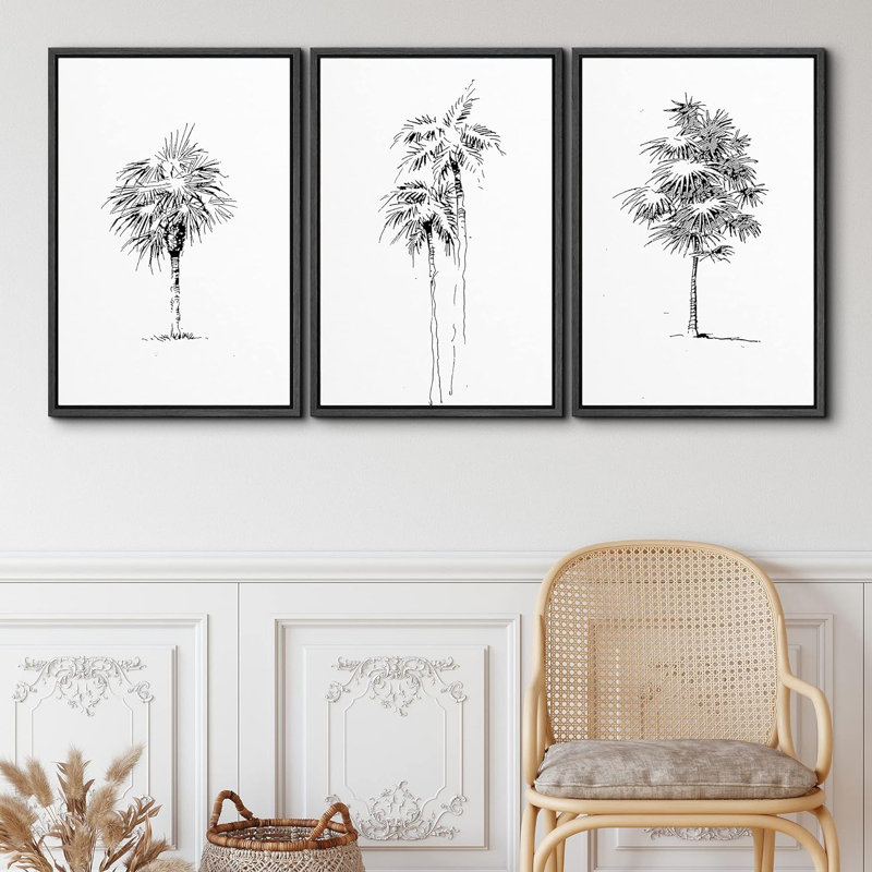 Minimalist Tree " Black And White Tropical Palm Tree Simple Minimalist Neutral Modern Art Work Room Decor " 3 - Pieces, Noir