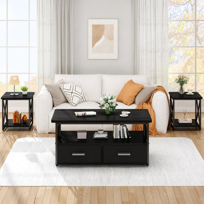 A Three-Piece Coffee Table Set, Equipped with Fabric Drawers and Storage Shelves, Made of Metal Frame, a Sturdy and Durable Living Room Table Set, Paired with Two Side Tables, Suitable for Home Furniture in the Living Room.