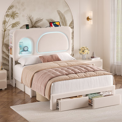 Velvet Upholstered  Bed with LED Lights & Storage Options