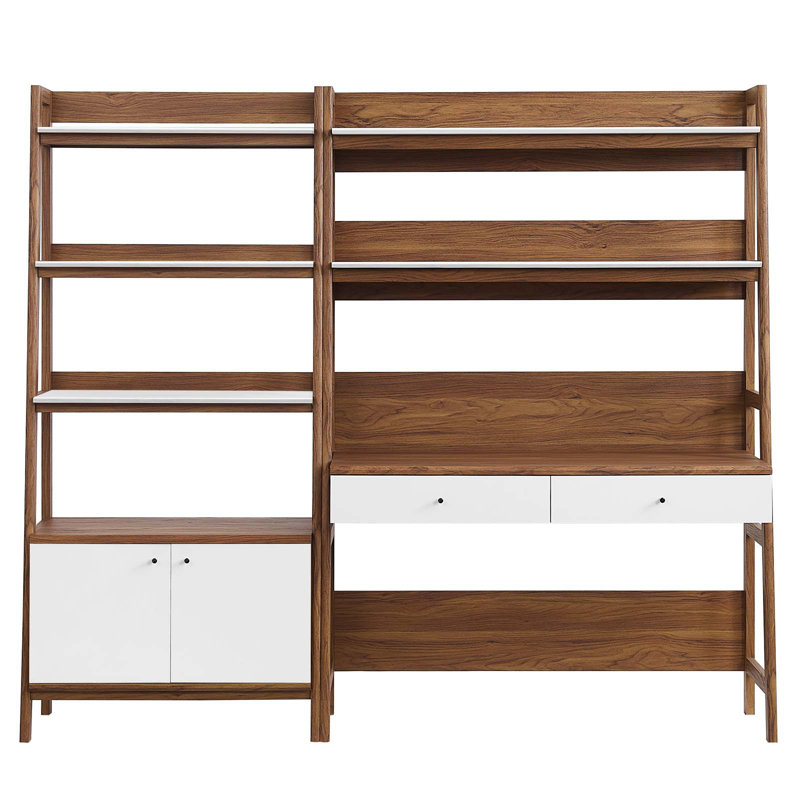 Walnut White 2-Piece Wood Office Desk and Bookshelf