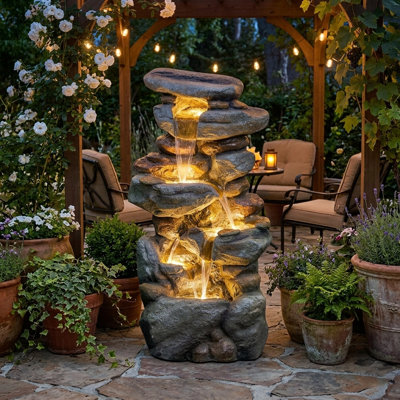Fontaine rustique en pierre empilée 30 po avec 6 lumières DEL et cascade à 5 niveaux Rustic