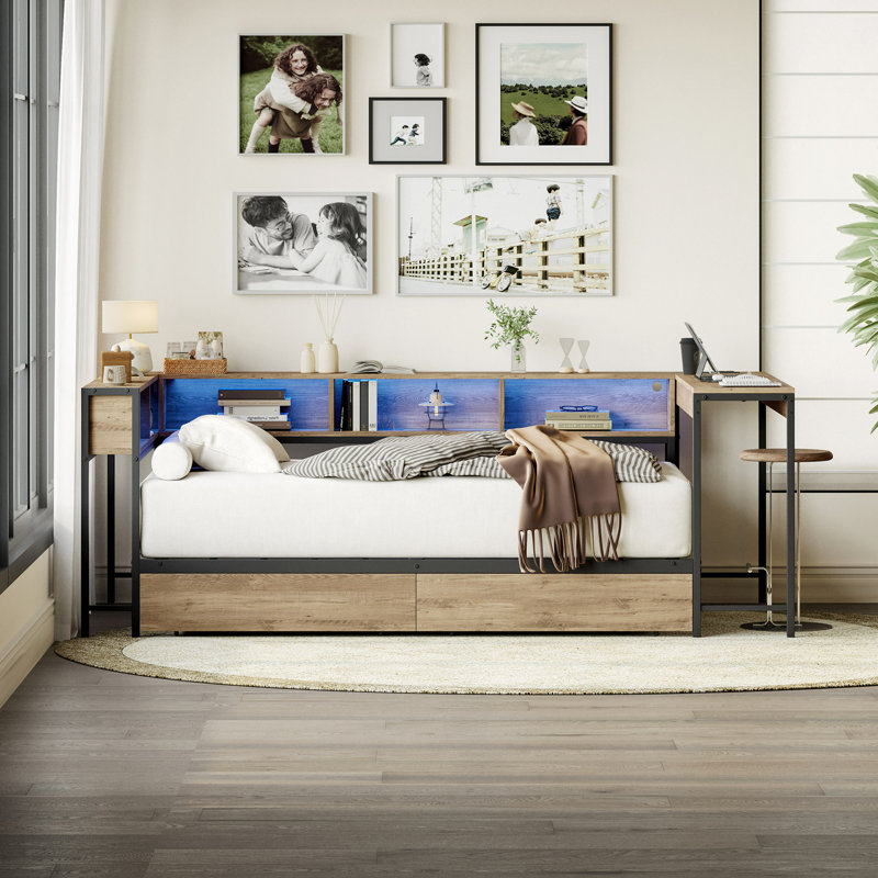 Cadre de lit d'angle avec bibliothèque et 2 tiroirs de rangement sous le lit, lit moderne avec lumière DEL et station de charge, lit de jour moderne réversible à gauche ou à droite