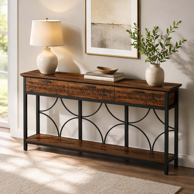 3 Carved Drawer Rustic Wood Circular Cutout Black Metal Frame Console Table, Industrial Farmhouse Extra Long Storage Entryway Sofa Table for Hall Li