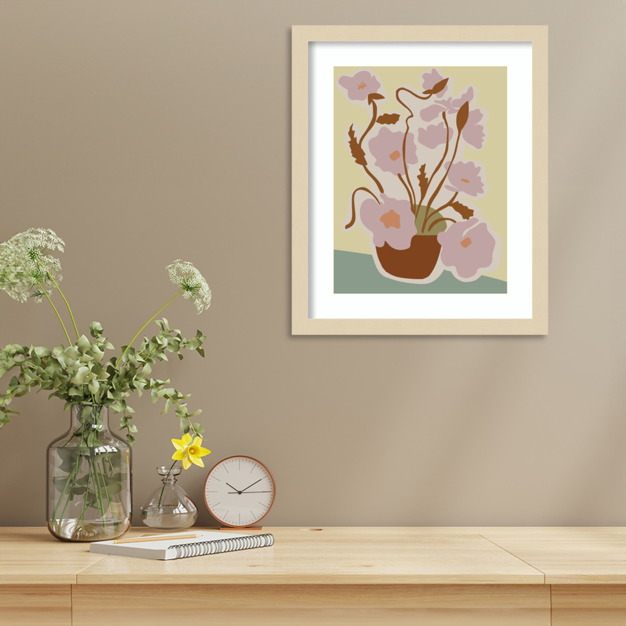 Expressive Abstract House Plant Pink On Yellow Framed On Paper Print, 41" H x 33" W x 1" D, Brown
