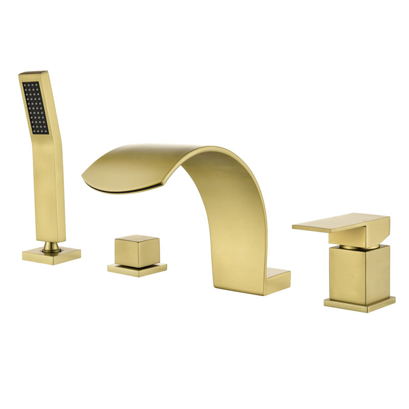 4 Hole Deck Mounted Tub Faucet With Handheld Shower Waterfall Bathtub Faucets Brass Single Handle Tub Fillers With Valve