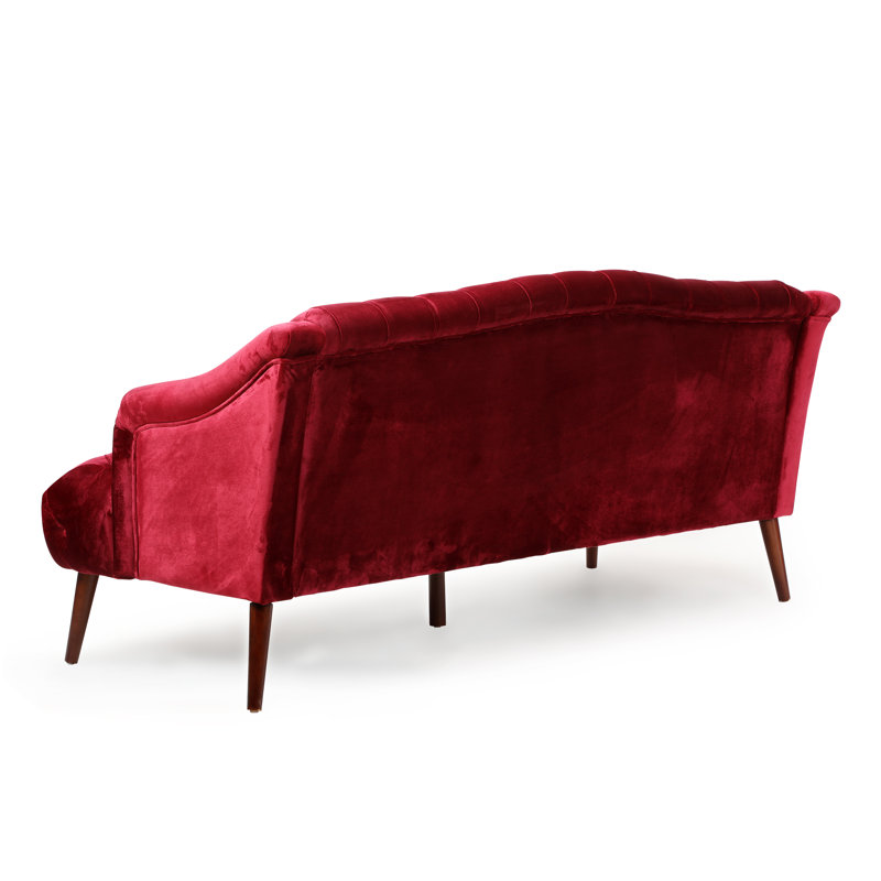 Canapé à bras évasés, sofa confortable à 3 sièges avec pieds en bois, pour salon et étude, Velours vin, Brun