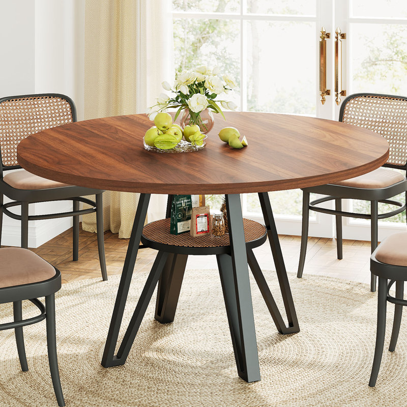 47.2 Inch Round Dining Table For 4, Kitchen Table With Rattan Storage Shelf, Walnut, Walnut