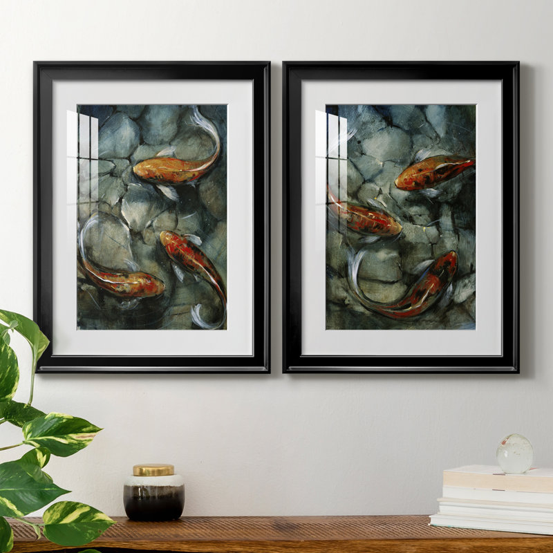 Tres Koi I, reproduction encadrée de qualité supérieure - prête à être accrochée, Cadre noir, H 42,5 po x l 61 po x P 1 po