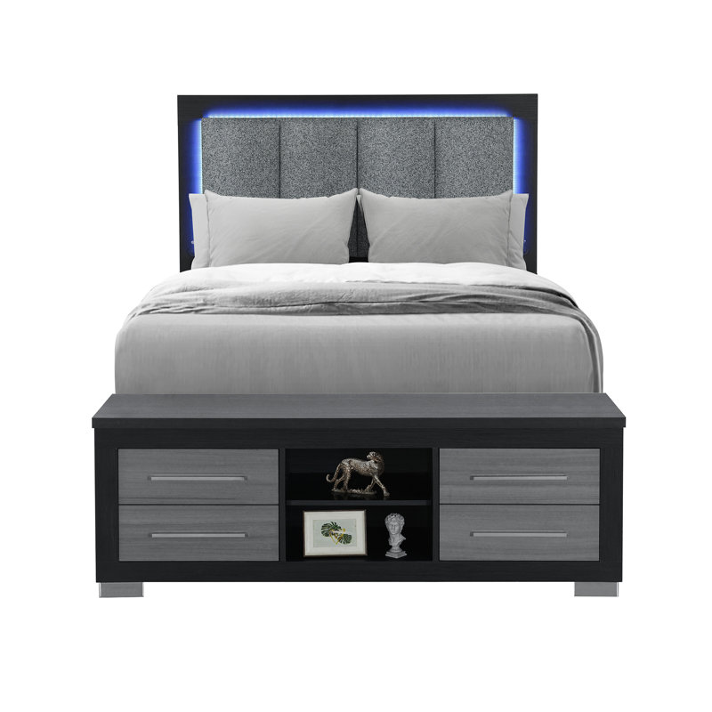 Lit double avec tiroirs de rangement, tête de lit à DEL, bibliothèque, partiellement rembourré, aucun sommier tapissier requis, rangement de style contemporain noir et gris, ressort, design