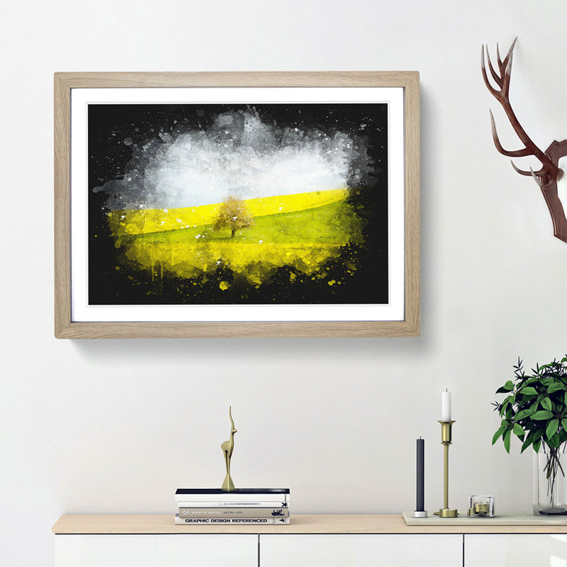 Lone Tree in a Yellow Meadow - Picture Frame Graphic Art Print, 33cm H x 45cm W x 2cm D, Oak Framed