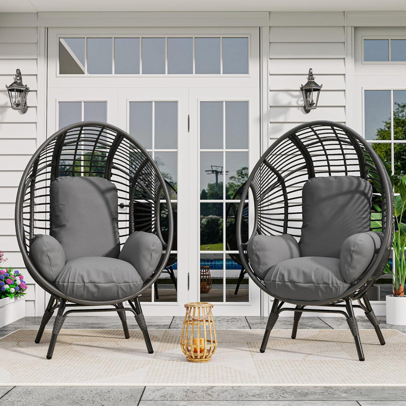 2 Person Oversized Wicker Egg Chair Outdoor Indoor,Patio Lounge Chair With Thicken Cushions, Egg Reading Chair 500Lbs Capacity For Garden, Backyard, Porch,Black