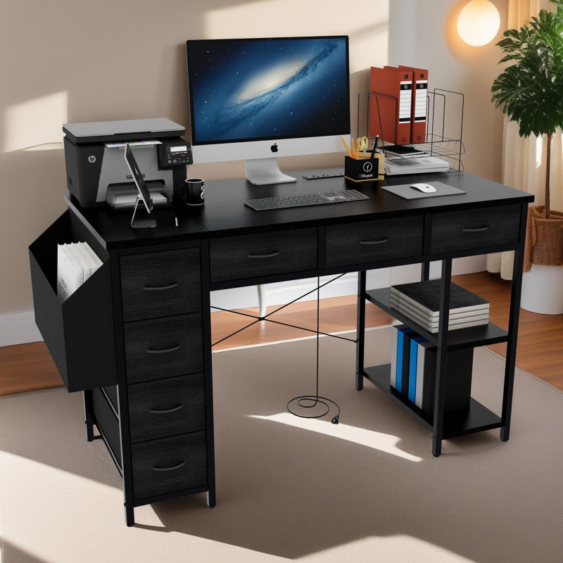 47" Computer Desk With Power Outlet,Writing Desk With 7 Fabric Drawers,Vanity Table Drawers And Large Side Pocket