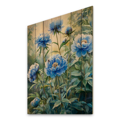 Pivoine bleue turquoise dans le jardin III - Décoration murale en bois de pivoines - sur bois de pin naturel
