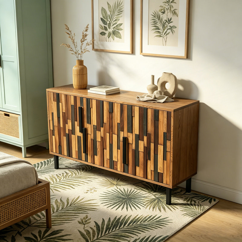 Buffet d'appoint moderne avec motif en bois droit, Bois de frêne naturel