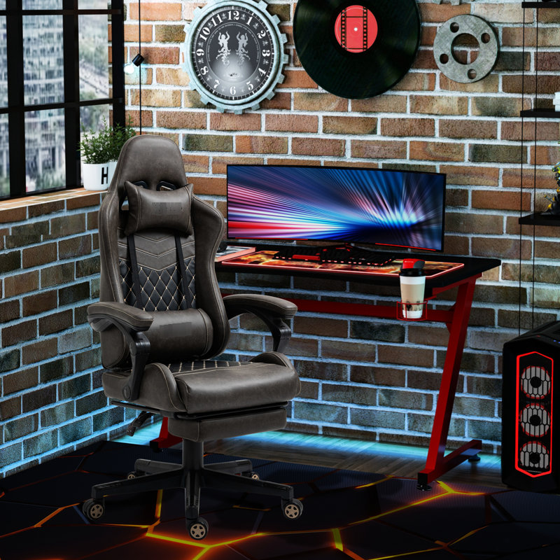 Adjustable Height Racing Chair In Brown Pu Leather, With Lumbar Cushion, Footrest, Reclining Ergonomic Lounge Adjustable, Aid