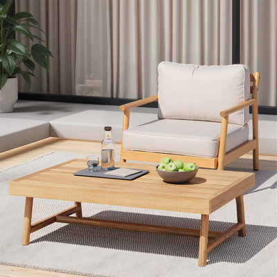 Patio Acacia Wood Chat Set, Club Chair + Coffee Table With Water-Resistant Cushion, Teak + Beige