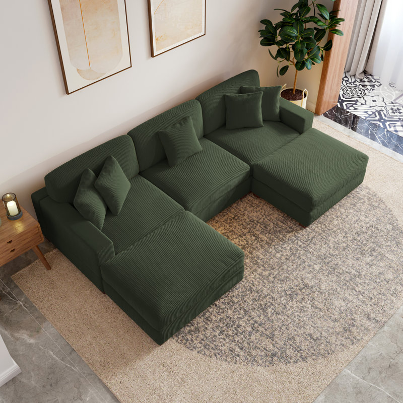 Milbrey 5-Piece Upholstered Green Corduroy Modular Sectional Sofa With Removable Ottomans & Throw Pillows, Green Corduroy