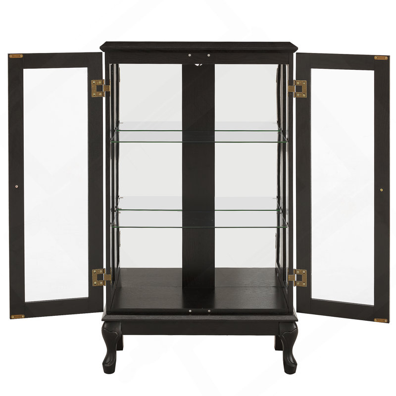 Vitrine rétro américaine avec portes en verre trempé, fond miroir et étagères réglables, idéale pour la décoration de bureau ou d'intérieur. Étagères noires avec éclairage intégré.