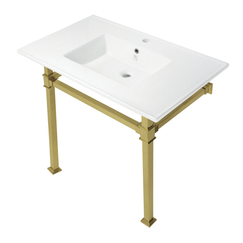 Lavabo de salle de bain console en céramique avec trop-plein Monarch, Blanc / laiton brossé