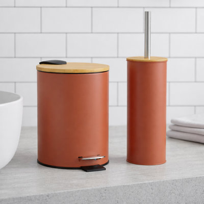 Bathroom Set with Bamboo Lid - Matte Metal Trash Can and Toilet Brush