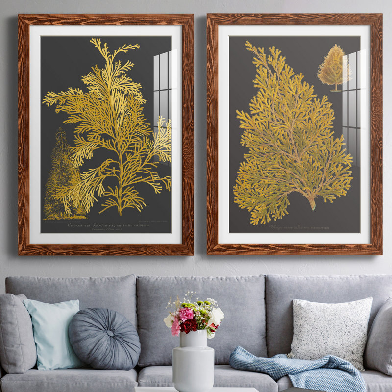 «Trees and Leaves I», ensemble de 2 reproductions d'art, H 31,5 po x l 47 po x P 1,5 po, Papier avec cadre érable, Blanc