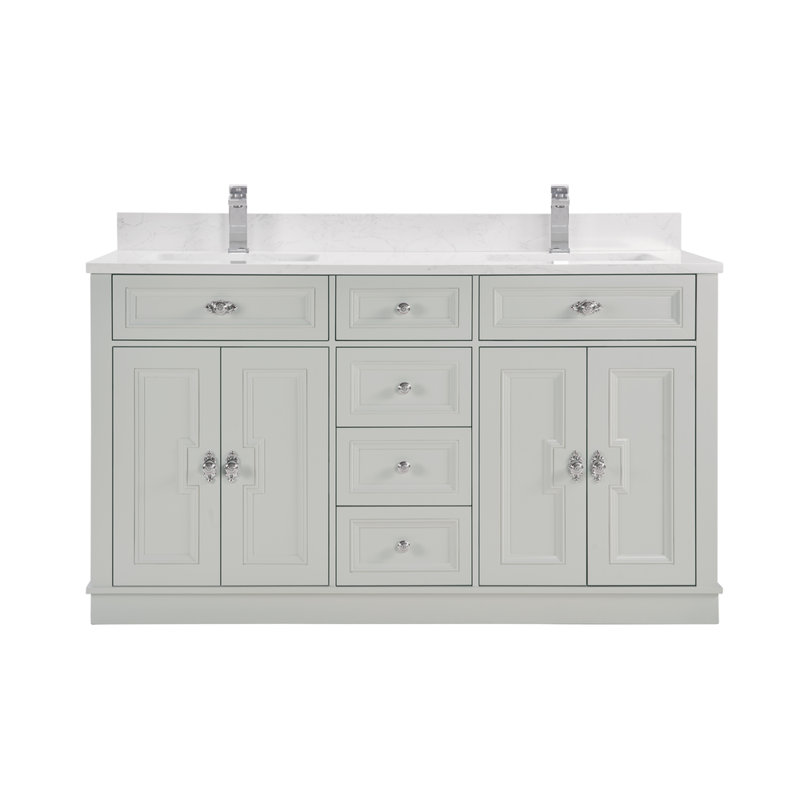 Meuble-lavabo double 60 po en bois massif avec plateau en marbre d'ingénierie 1 po, Chrome poli, Brin argenté