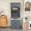 Garde-manger haut avec haut plateau en faux marbre, tablettes de rangement et tiroirs-410403534-410403533
